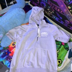 purple shortsleeve, hooded sweatshirt